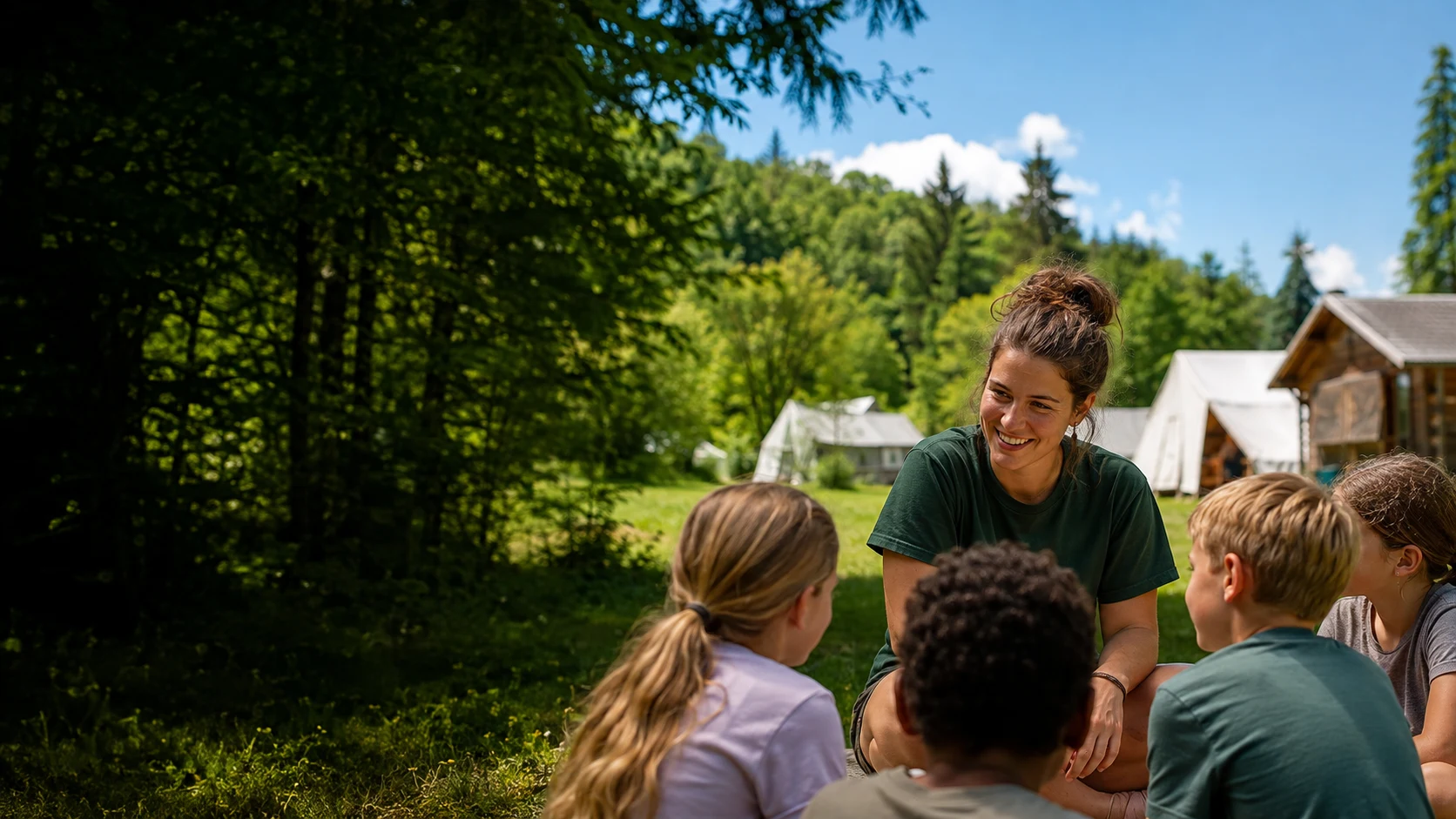 Eine Camp-Leiterin im Gespräch mit Kindern auf einer grünen Camp-Wiese